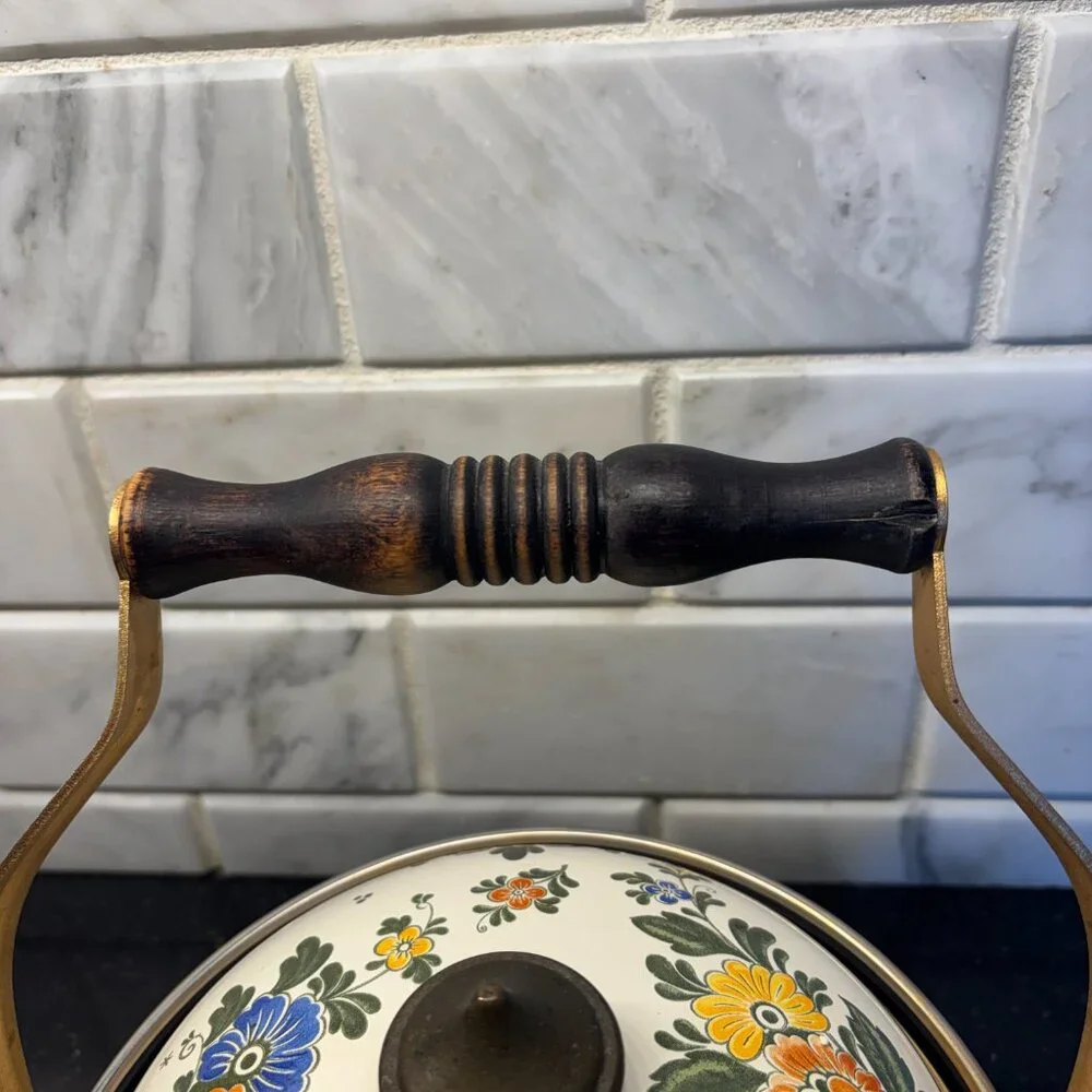 Asta Floral Enamelware Vintage Tea Kettle with Brass and Wood Handle and Lid